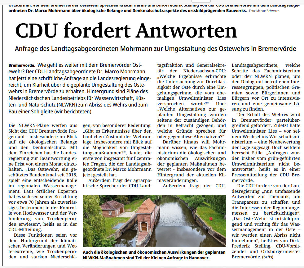 BZ-Bericht zur CDU-Anfrage bzgl. der Pläne für das Ostewehr