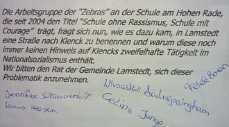 "Die Zebras" Schreiben an den Rat der Gemeinde Lamstedt